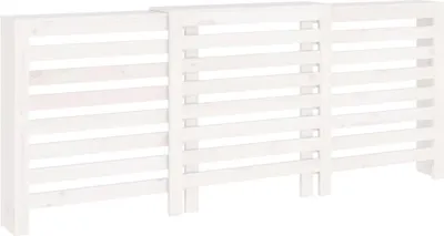 A white radiator cover with a slatted design, composed of three sections.