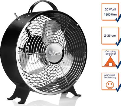 A black retro-style metal fan is shown against a white background, with marketing icons and text on the right side.
