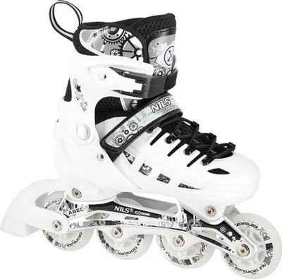 A single white inline skate with black accents and decorative graphics is shown against a white background.