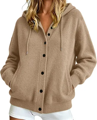 Produktbild von ASKSA Hoodie Damen Strickjacke mit Kapuze Pullover Einfarbig Kapuzenpullover Knoepfe Hoodie Jacke mit Taschen (Khaki,L)