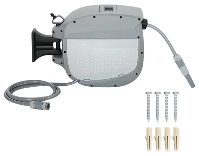 Produktbild von 9m Wandmontage, Schlauchtrommel 20+1, Schlauchbox automatische Aufrollung schwenkbar, Kunststoff, Grau | 2 Sprühmodi | 180° | 52x22x35 cm