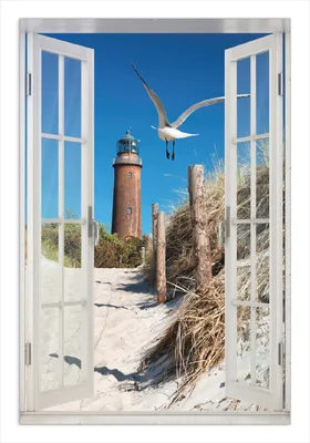 Produktbild von Wallario Wandbild mit Fenster-Illusion: Möwe am Strand mit Leuchtturm, Größe: 61 x 91,5 cm, Poster mit rahmenlosen Bildhalter