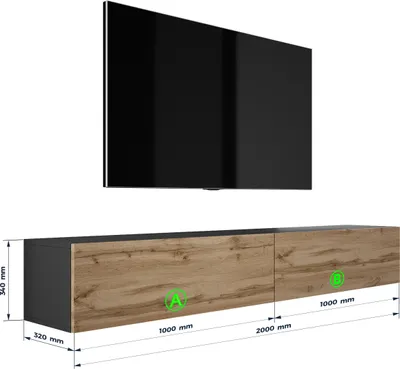 Image de Meuble TV suspendu RTV DMG - Design moderne L : 200 (2 x 100) cm, H : 34 cm, P : 32 cm. Meuble TV bas, meuble TV, buffet TV suspendu, meuble TV bas