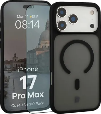 Produktbild von Schutzhülle mit Magnetring + gehärtetem Glas für iPhone 17 Pro Max, Bizon MatteO Pack, Getönt-Schwarz