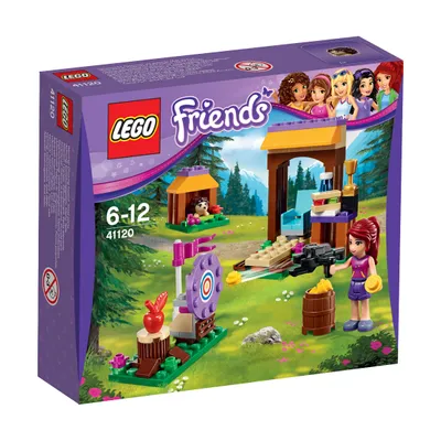 The image shows the box of a LEGO Friends archery set, with the product name and age range visible.