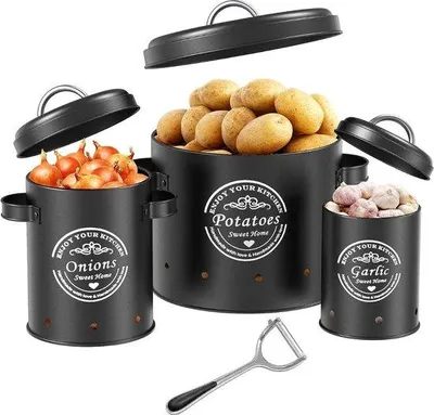 Obrázek produktu pro Kovová zahradní skladovací schránka – zahradní skladovací schránka, nádoba na cibuli, sada dvanácti kusů na skladování brambor, velká kovová skladovací schránka, skladování v kuchyni, umožňuje dlouhodobé skladování brambor (černá)