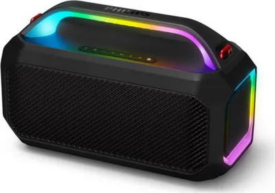 A black Philips Bluetooth speaker with colorful LED lights.