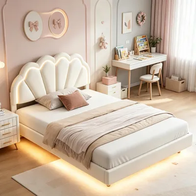 Productafbeelding van INONEFT Gestoffeerd bed 140x200 cm, kinderbed met LED-bloemen hoofdeinde, tweepersoonsbed, jeugdbed, bedframe met lattenbodem, fluweel, beige