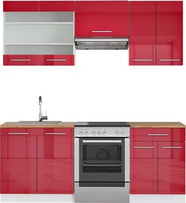 Produktbild von Küchenzeile Vicco Fame-Line Bordeaux Hochglanz/Weiß 200 cm , AP Eiche, Model 42619