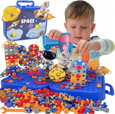 Obrázek produktu pro Mozaiková hračka, šroubovací Montessori hračka, kreativní 3D puzzle s dinosaurem, vrtačka a krabička s nářadím, vzdělávací hry, dárek pro chlapce a dívky od 3 let (461 dílků, modrá)