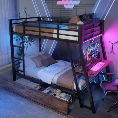 Produktbild von MODFU Hochbett 90×200 Jugendbett mit LED und Eisenrahmen,Stauraum mit Schreibtisch,Treppe mit Sicherheitsgeländer,Ohne Matratze ,Schwarz