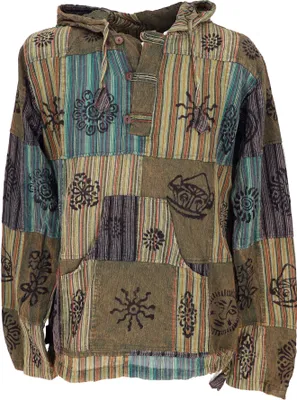 Produktbild von Yoga Hemd, Goa Hemd, Unikat Patchwork Sweatshirt, Leichter Freizeit Hoodie - Grün, Herren, Baumwolle, Größe: XL