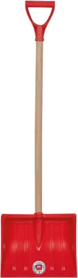 A red snow shovel with a wooden handle and a D-shaped grip, isolated on a white background.