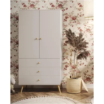 Produktbild von NATURA Kleiderschrank 100cm (3 Schubladen + Kleiderstange) Kaschmir Grau Boho Echtholz Buche Soft-Close