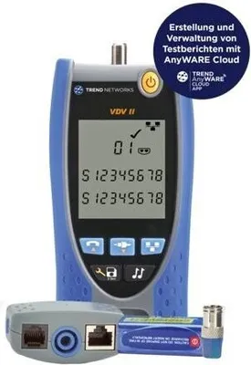 A network cable tester and its accessories are displayed against a white background.