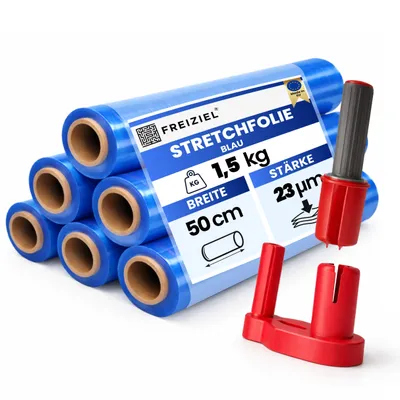 Produktbild von 6 x Stretchfolie 50cm 1,5kg 23my blau + Abroller