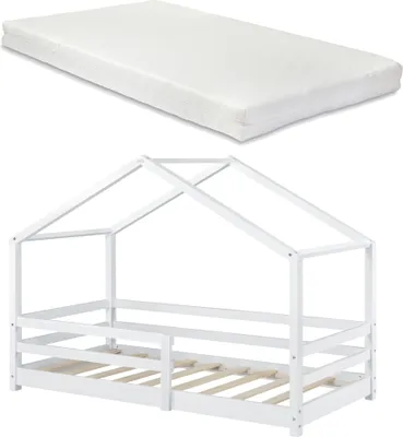 Obrázok produktu pre Detská posteľ s matracom a ochranou proti vypadnutiu 90x200cm Domček Posteľ s matracom zo studenej peny Domček s lamelovým roštom Jednolôžková posteľ z borovice Biela [en.casa]