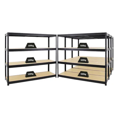 Produktbild von Mega Deal | 4x Schwerlastregal DINO | HxBxT 180x180x60cm | 4 MDF-Platten-Ebenen 6,5 mm | Fachlast 500kg | Schwarz