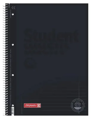 A dark-colored college block notebook with text and branding.