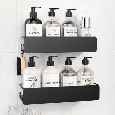 Imagen del producto de Estante de ducha - Acero inoxidable - Sin taladrar - Con jabonera - Estante de baño con ganchos y jabonera