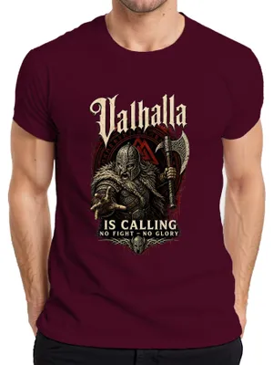 Productafbeelding van Valhalla Roept. Geen strijd, geen glorie. Nordische mythologie. Odin. Heren T-shirt, bordeauxrood, maat XL