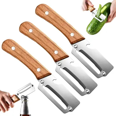 Gemüseschäler-Set, 3 Stück, Edelstahl mit Holzgriff, 2-in-1 mit Flaschenöffner