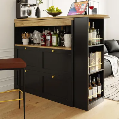 Produktbild von Drehbarer Bartisch um 360° (Hauptkörper 105X39X102cm) mit 4 Schubladen und offenen Ablagen für Esszimmer, Arbeitszimmer und Wohnzimmer (Schwarz)