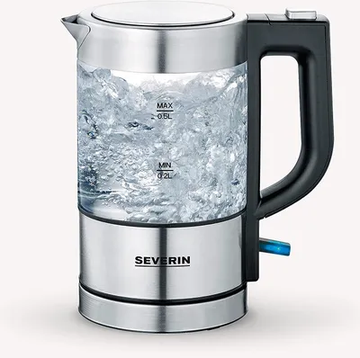 Produktbild von Wasserkocher Glas Edelstahl SEVERIN WK 3472 0,5 L Mini Kalkfilter herausnehmbar WK 3472 aus Edelstahl, gebürstetschwarzsilber Wasserkocher Mini Wasserkocher Reise Wasserkocher Wasserkocher Mit Temperatureinstellung Wasserkocher Edelstahl Wasserkocher Glas