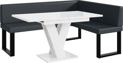 Produktbild von MEBLINI Eckbank für Esszimmer mit ausziehbarem Tisch  - Küchenbank - Essecke - Sitzecke Küche - TONI - U-Beine 128x168x87cm Rechts - Dunkelgrau Kunstleder/M Weiß Hochgl.