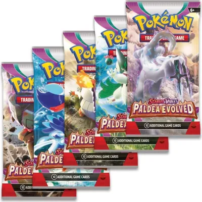A collection of Pokémon trading card booster packs arranged in a staggered formation.