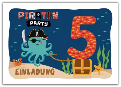 12 Einladungskarten Pirat für 5. Kindergeburtstag