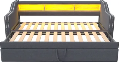 Produktbild von Schlafsofa mit Lattenrost LED-Licht und USB-Buchse Multifunktionales Ausziehbares Polsterbett 90/180 x 190 cm Dunkelgrau