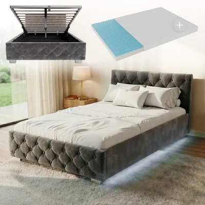 Produktbild von Juskys Polsterbett Nizza 120x200 cm mit Matratze - Bettgestell mit Lattenrost, Stauraum & LED Beleuchtung - Samtbezug, Chesterfield-Steppung - Grau