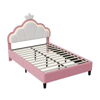 Produktbild von Moonbite Polsterbett 140x200 cm mit Lattenrost, Kopfteil Krone, Flanell Rosa, Einzelbett für Schlafzimmer, Komfortabel und weich, ideal für Erwachsene und Kinder