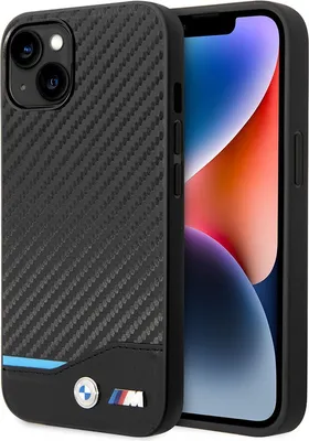 Zdjęcie produktu dla Etui na telefon iPhone 14 Plus BMW sztuczna skóra trójkolorowy czarny karbon