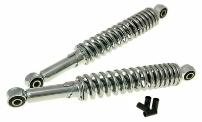 Produktbild von 2 Stoßdämpfern Federbein 360mm, Chrom, hydraulisch, 5-fach verstellbar, inkl. Reduzierhülsen Simson S50, S51, S53, S70, S83