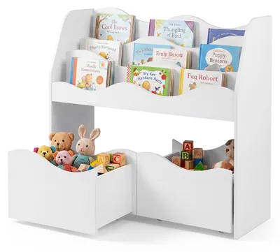 Produktbild von COSTWAY Kinderregal mit 2 Boxen auf Rollen, Bücherregal Kinder mit 3 Ebenen, Spielzeugregal montessori aus Holz, Aufbewahrungsregal, Weiß