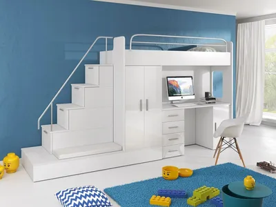 Produktbild von Etagenbett Felix Hochbett  mit Schreibtisch und 2x Bett Hochglanz Weiss