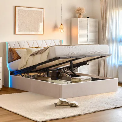 Immagine prodotto di Letto imbottito UnboxG 140x190cm con rete, alzata idraulica, illuminazione LED sulla testata, letto matrimoniale in tessuto vellutato beige - letto contenitore dal design moderno