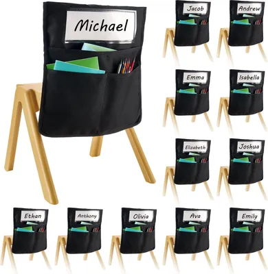Immagine prodotto di Borsa per sedia - Borse per schienale, confezione da 12 - Dimensioni 43 x 48 cm - Con etichetta per il nome - Diversi scomparti - Robusta e lavabile - Per aule scolastiche e asili - Nero