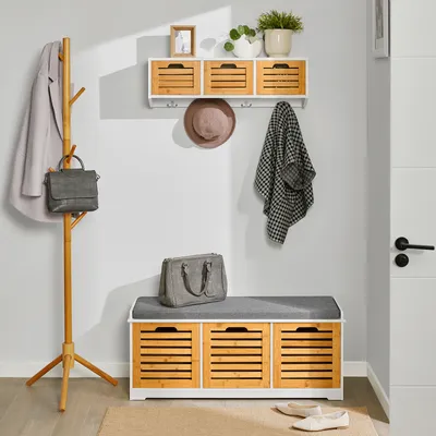 Produktbild von SoBuy Wandgarderobe-Set Flurset Flurmöbel Sitzbank mit Sitzfläche Wandgarderobe Natur FSR23-WN+FHK19-WN