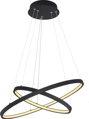 A black pendant light with two interlocking rings, illuminated from within.