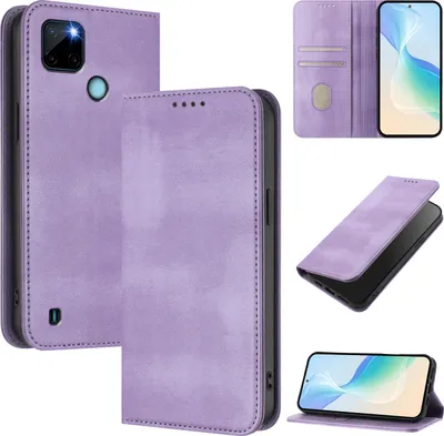 Image de Etui pour Realme C21Y, étui en cuir vintage avec protection RFID, fentes pour cartes, support Violet