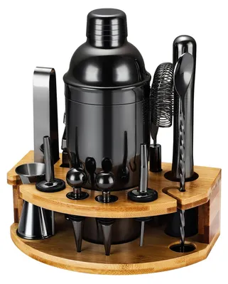 Cocktailshaker-Set, 12-tlg. Barzubehör, Edelstahl, Bambusständer, Schwarz