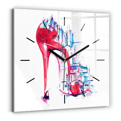 Obrázok produktu pre Wallfluent Hodiny - Sklenené Nástenné Hodiny - Tichý Quartz Strojček - Nástenná Dekorácia Spálňa Kuchyň - Čierna Ruky - 30x30 cm - Červený odsek