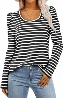 Produktbild von ASKSA Damen T-Shirt Rundhals Langarmshirt Puffaermel Gestreiftes Basic Leicht Laessig Bottoming Bluse Elegant Oberteile (Schwarz,L)
