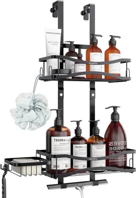 Image de Étagère de douche noire en acier inoxydable, sans perçage, sans cadre, étagère en verre pour la salle de bains - 38 mm