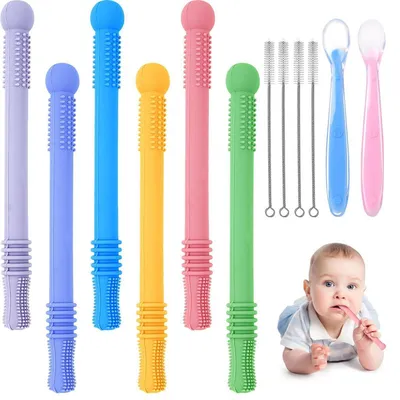 Produktbild von Beißring Baby 12-teiliges Set Silikon Zahnungshilfe mit 2 Babylöffeln und 4 Reinigungsbürsten 6-12 Monate Sensorisches Kauspielzeug Sechs Farben