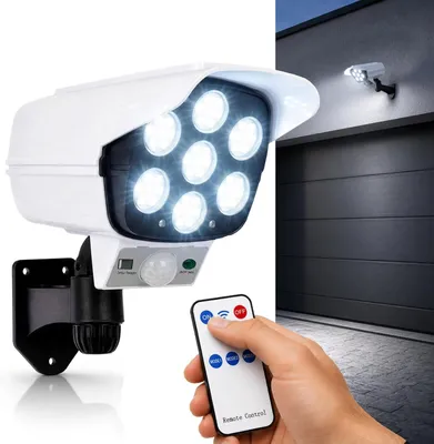 Obrázek produktu pro Solární nástěnná lampa LUMILED, imitace bezpečnostní kamery LEMER s LED, senzory, dálkovým ovládáním, 6500K (studená bílá), IP44, venkovní lampa do zahrady, nástěnná lampa, venkovní osvětlení, odolná proti stříkající vodě, senzor soumraku
