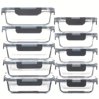 Produktbild von 10er Set 6800ml Glas-Lunchbox mit Deckel, grau, mikrowellengeeignet, ofenfest, gefrierschrankgeeignet & spülmaschinenfest